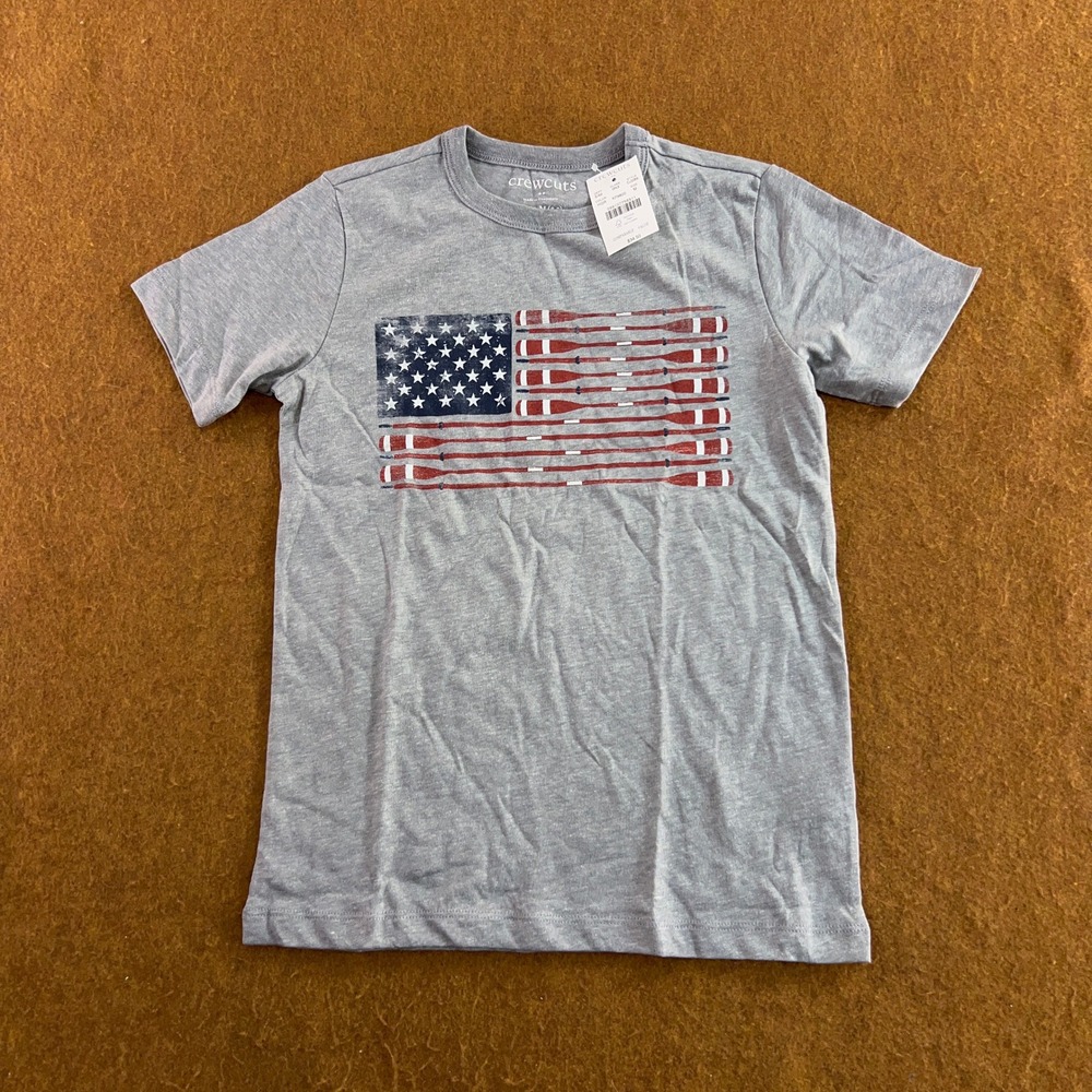 Crewcuts Boys Medium Gray American Flag Oars Graphic Short Sleeve T-Shirt NWT